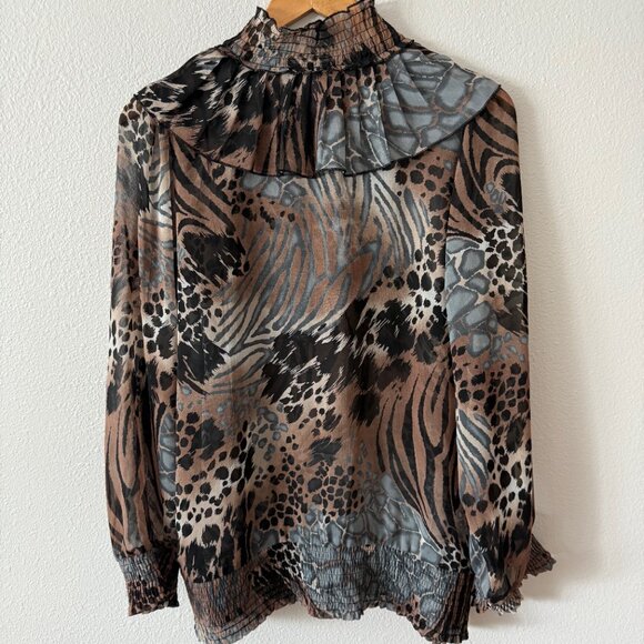 V Cristina Unique Sheer Animal Print Ruffled Blouse Size L - Picture 5 of 9